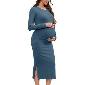Maternity Sweater Dress, L, Grey Blue, Long Sleeve, Crew Neck, Stretchy, Ribbed
